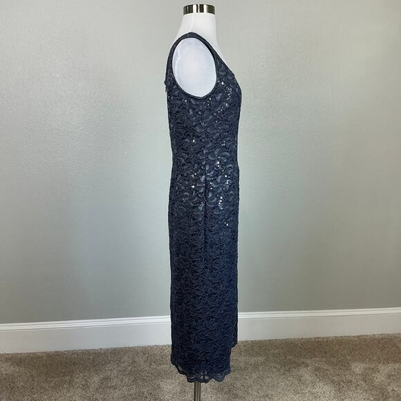 Alex Evenings Sequined Lace Sleeveless Midi Sheath Cocktail Dress Gray Size 8 - Picture 4 of 12